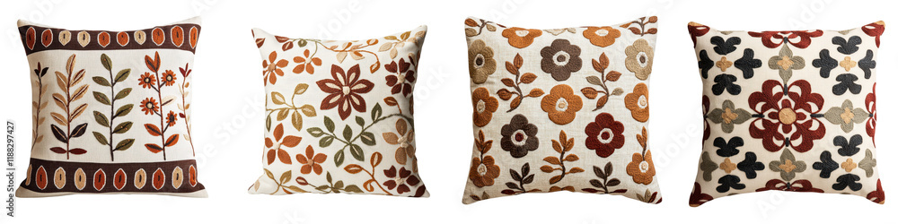 Poster assortment of colorful and patterned decorative throw pillows arranged on a couch or bed creating a 