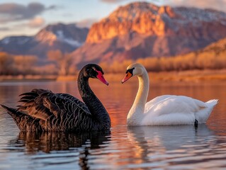 Black and white swans swimming in peaceful sunset mountain lake