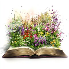 A vibrant book overflowing with colorful blooming flowers, symbolizing growth and wisdom.