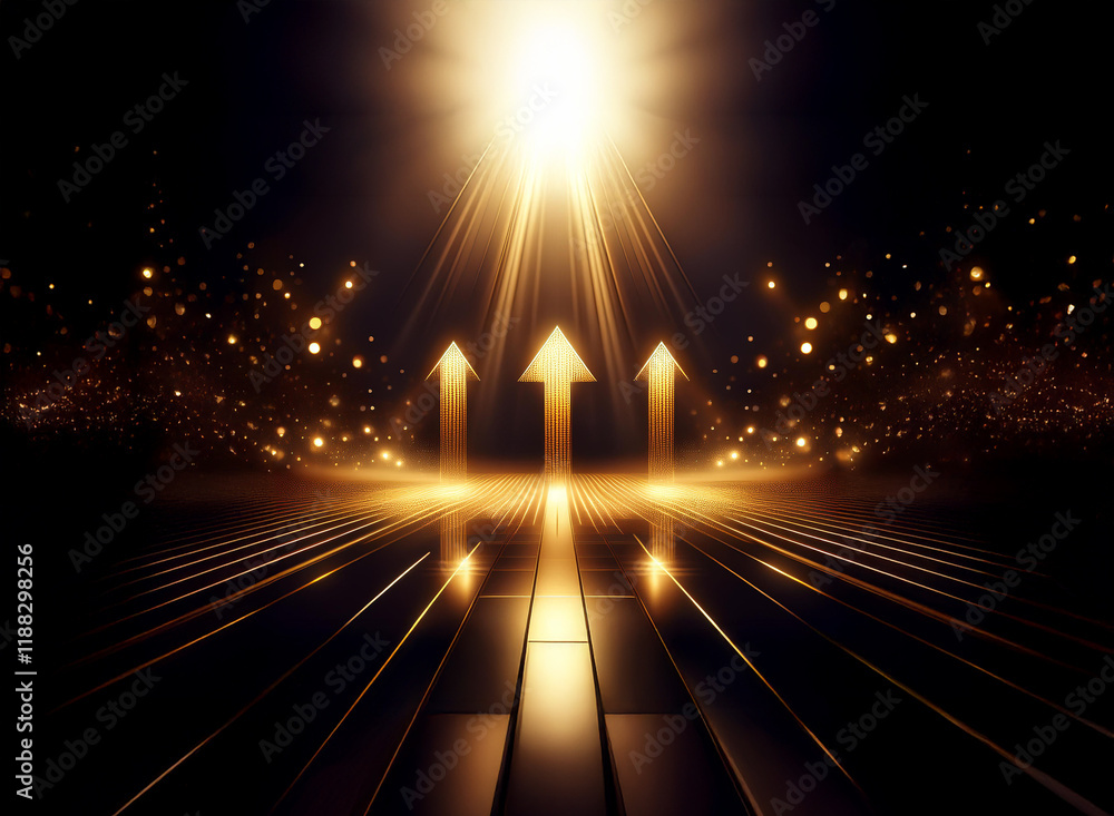 Poster three golden arrows ascend towards a bright light, reflecting on a dark, glossy surface. sparkling p