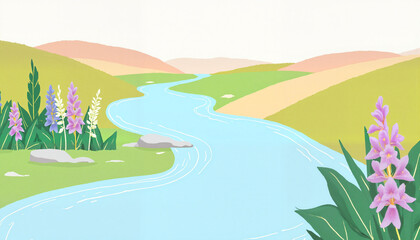 Winding river with floral accents in soft pastels, tranquil nature