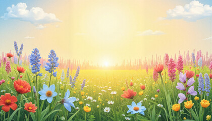 Fototapeta premium Vibrant wildflowers blooming in golden field, spring beauty
