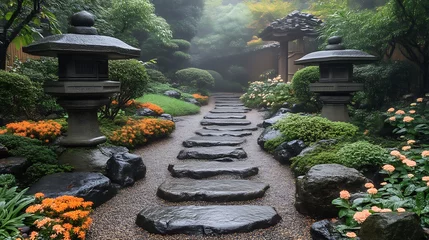 Selbstklebende Fototapeten Serene Japanese Garden Path Stone Lanterns Flowers © Hambaa