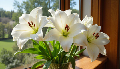 Delicate white lilies blooming in sunlight on wooden windowsill, floral beauty
