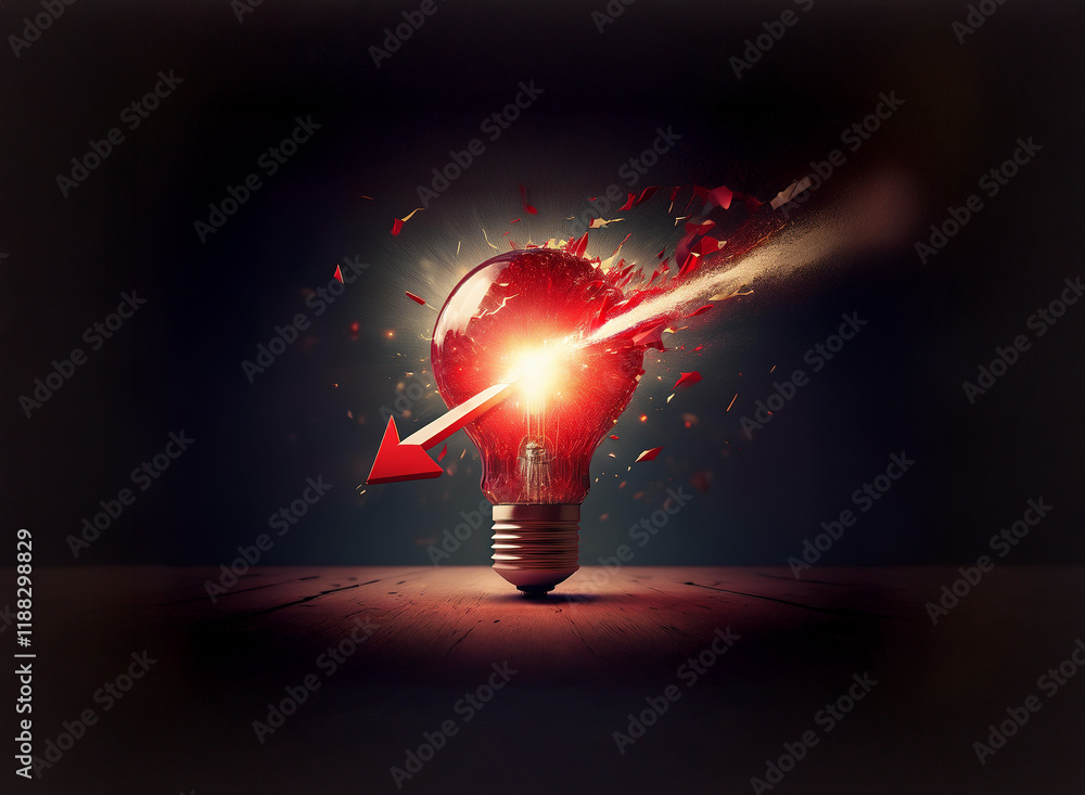 Poster a red lightbulb explodes into fragments, pierced by a downward-pointing arrow, symbolizing a sudden 