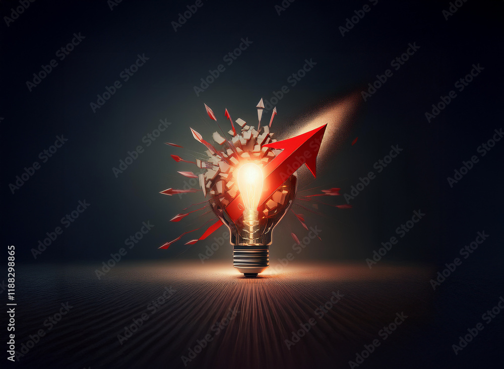 Aufkleber a glowing lightbulb explodes with upward-pointing arrows, symbolizing innovative growth and breakthr
