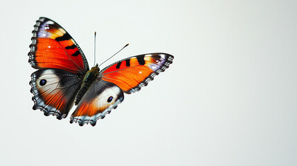 Naklejka premium Peacock butterfly in flight with heart shaped wings on a white background creating an incredible scene of gentle subtle scenes, strong color contrast, hyper detailed photography. Text space.