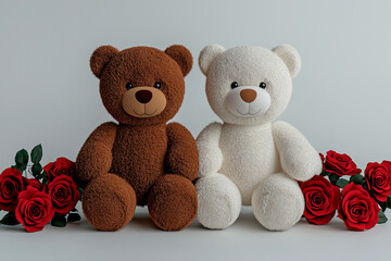 Obraz premium Brown and White Teddy Bears with Red Roses