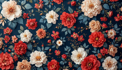 Floral pattern featuring colorful roses and peonies on a dark background enhances any design setting