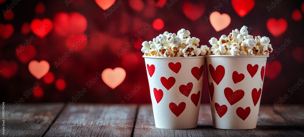 Poster heart-themed popcorn cups on rustic wooden table with festive red bokeh background