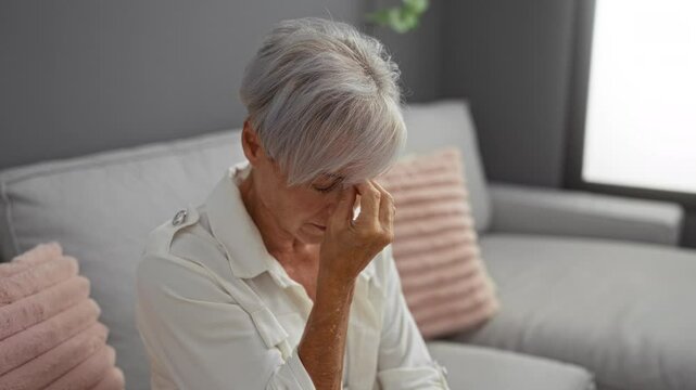 Woman feeling stressed and covering her face with hand while sitting in a cozy living room with grey sofa and pink cushions