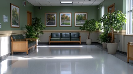 Tranquil hospital waiting room with green decor and nature paintings