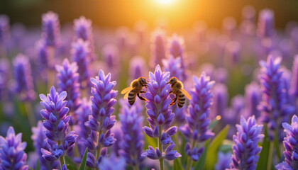 Obraz premium Bees pollinating lavender flowers at sunset, harmony in nature