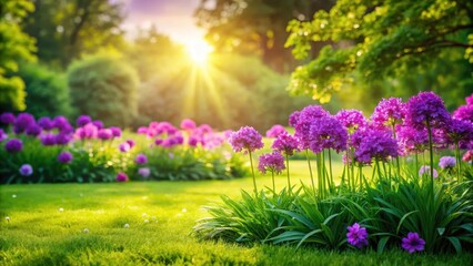Fototapeta premium lush green grass with vibrant purple flowers blooming in summer garden, outdoors, flowers, outdoors, flowers,summer