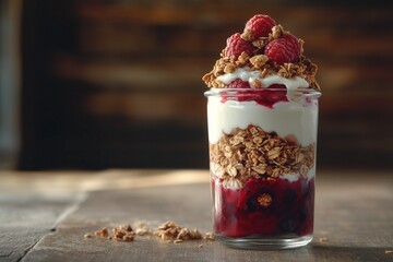 A dessert parfait layered with yogurt, granola, and fresh berries in a clear glass jar, on a rustic wooden background.