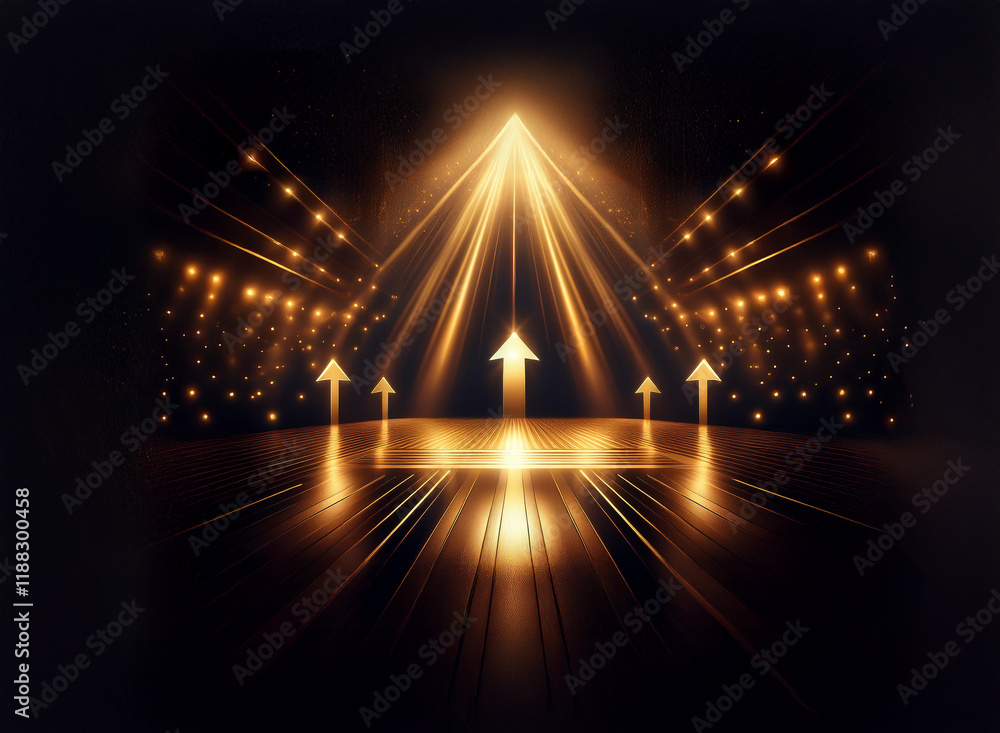 Poster golden light beams converge on a dark stage, illuminated by sparkling points of light, creating an u