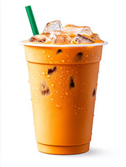 Iced Thai Tea in Plastic Cup with Ice and Straw