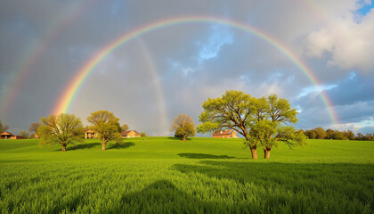 Fototapeta premium Vibrant rainbows arcing over lush countryside fields in spring, nature's beauty
