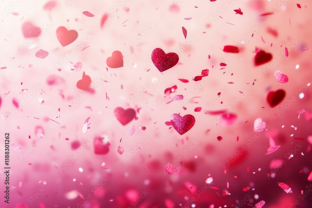 Poster floating red and pink hearts on a soft gradient background