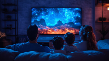 Family watching a movie on a large TV at home, at night. The father, mother, and children are sitting together on the sofa, enjoying a film or series with surround sound.