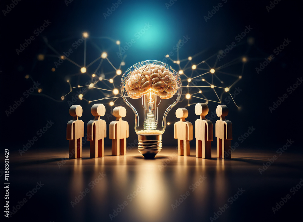 Poster a glowing lightbulb containing a brain is surrounded by small figures, symbolizing collaborative inn