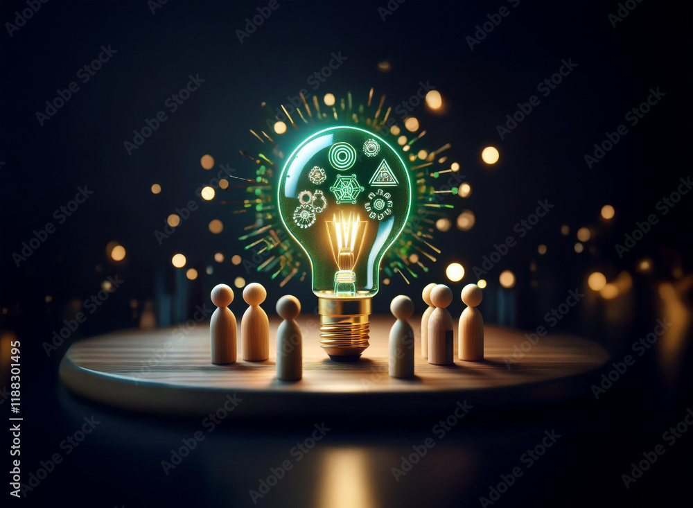 Poster a glowing lightbulb, filled with symbols of innovation, illuminates a circle of small figures. it re