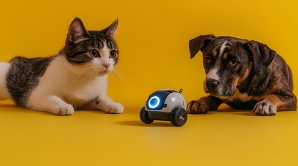 Obraz na płótnie Canvas Cat and Dog Observe Small Robot Toy Together