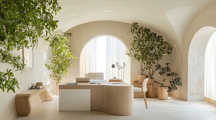 Bright minimalist home office with biophilic decor and soft lighting