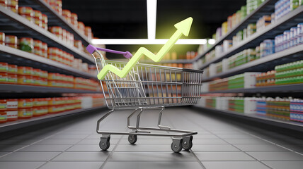 An empty shopping cart in a grocery store aisle with a rising arrow graph, symbolizing increasing grocery prices and inflation trends.
