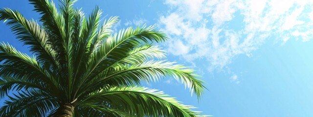 Lush Palm Tree Against Bright Blue Sky, vibrant greenery, clear sky, tropical ambiance, ideal for summer themes, decoration, or travel design