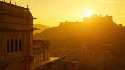 Obraz premium A stunning view of Jaswant Thada with Mehrangarh Fort in the background at sunset, with golden hues and ample copy space69