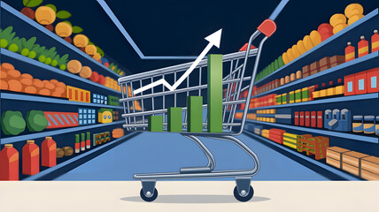 An empty shopping cart in a grocery store aisle with a rising arrow graph, symbolizing increasing grocery prices and inflation trends.