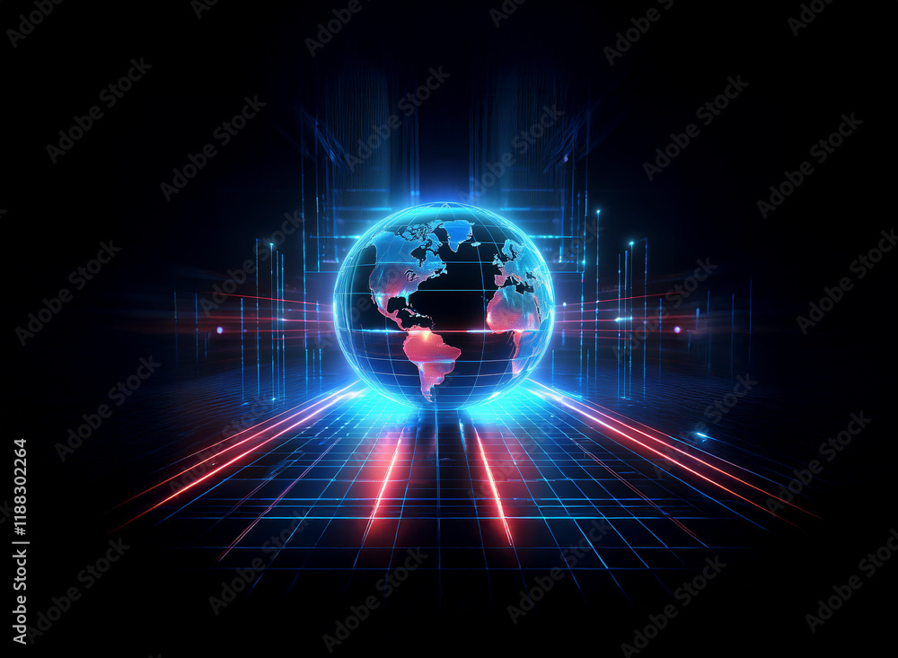 Poster a digital rendering of earth glowing with vibrant blue and red light streaks, set against a dark bac