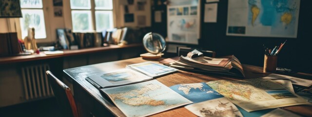 Welcoming travel agent's office, inviting ambiance, brochures displayed, organized workspace, hints of adventure and exploration.