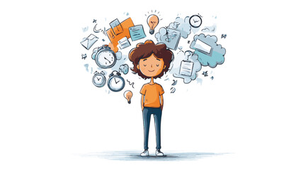 Smart Schoolboy Surrounded by Varied Education Icons Cartoon Vector Art & Illustration