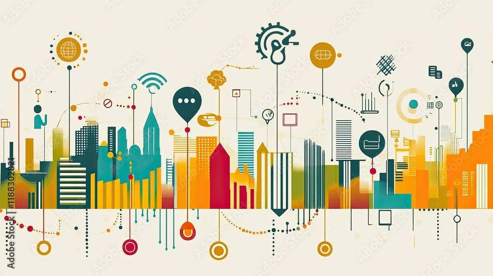 Poster abstract digital graphics of ai and big data icons overlaid on a business graph, with ample space fo