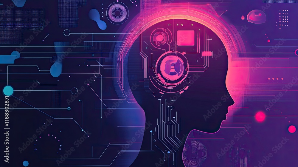 Poster abstract icons representing ai and big data on a futuristic graph background, with room for text or 
