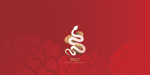 Design for the Year of the Snake in the Chinese New Year, luxurious snake pattern and peonies on a red background. Lunar New Year 2025.