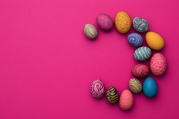 Vibrant Easter Eggs in Various Patterns Arranged in Spiral Shape on Bright Pink Background