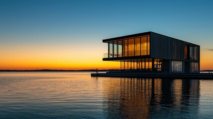 A uniquely designed waterfront building, its silhouette glowing as the sun rises over a peaceful horizon 