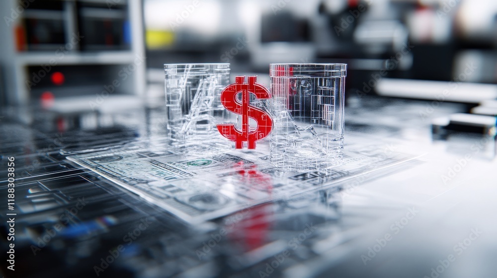 Poster digital representation of currency and investment with transparent structures, symbolizing financial