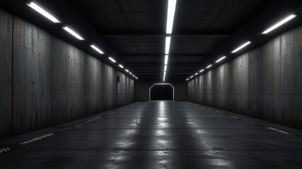Dark Concrete Led White Lights Underground Tunnel Corridor Cement Asphalt Hallway Warehouse Tunnel Corridor Metal Structure Realistic Empty 3D Rendering