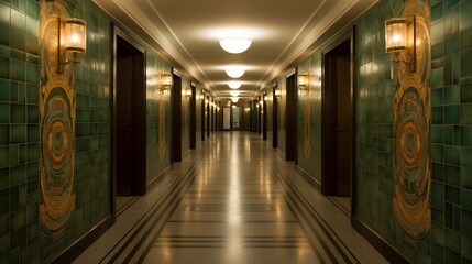 Fototapeta premium Art Deco Hotel Corridor: A Luxurious and Mysterious Interior