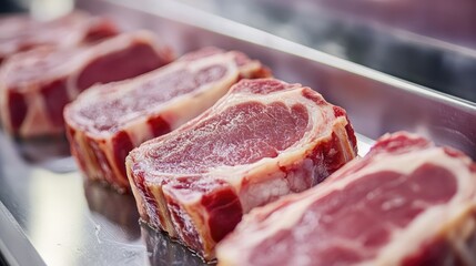 Fototapeta premium Fresh pork cuts being portioned on an automated assembly line, with room for branding or text