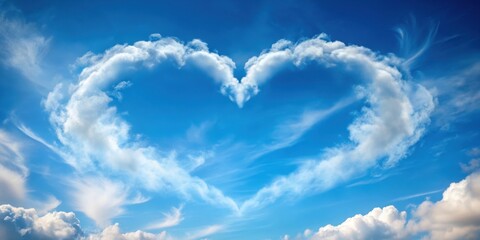 Soft and wispy clouds float across the bright blue sky with a delicate heart shape visible at the center, romantic atmosphere, serene landscape