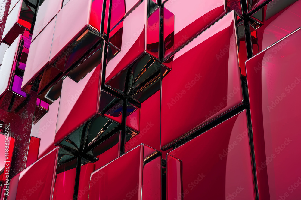 Poster vibrant red reflective surfaces create intricate geometric patterns