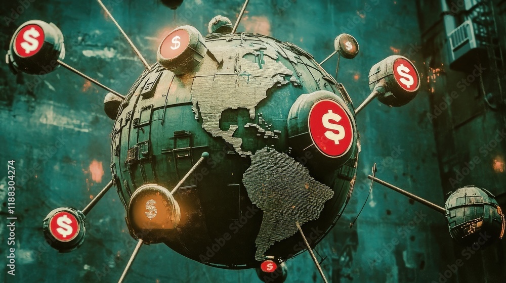 Poster artistic representation of global economy with digital world map and dollar symbols on a grunge back