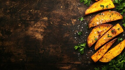 Fried sweet potato wedges sprinkled with herbs, laid on a dark rustic wood backdrop with room for copy
