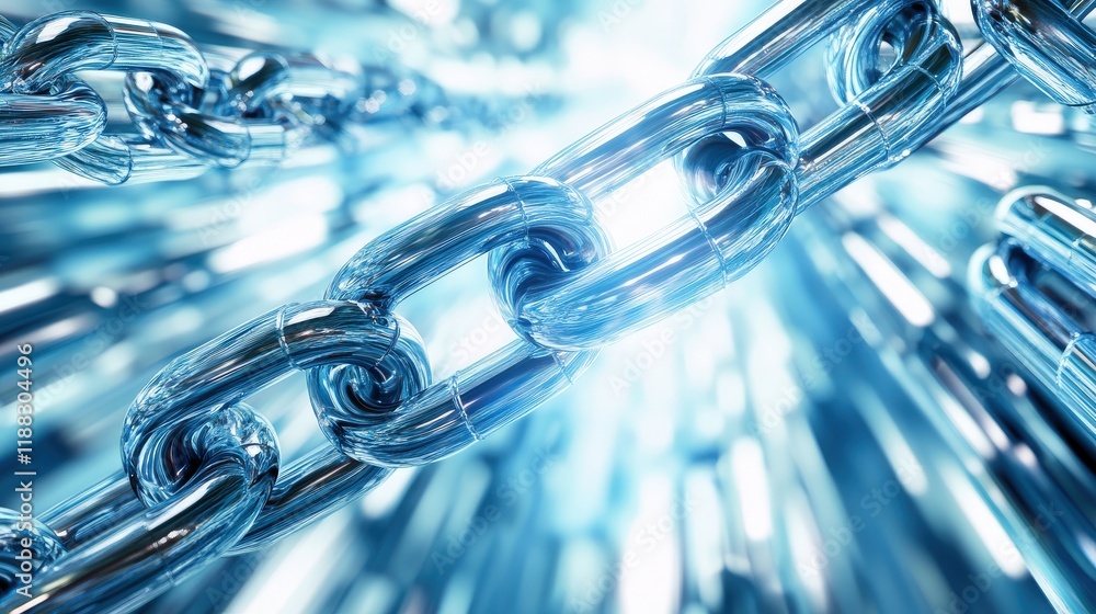 Aufkleber Abstract representation of a shiny metal chain link in a dynamic and vibrant blue light, symbolizing connection, strength, and technology in a digital world.