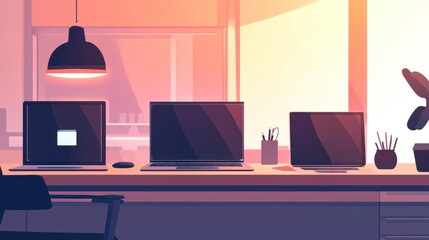 Fototapeta premium Modern office technology clipart showcasing laptops, tablets, and accessories in a sleek workspace environment